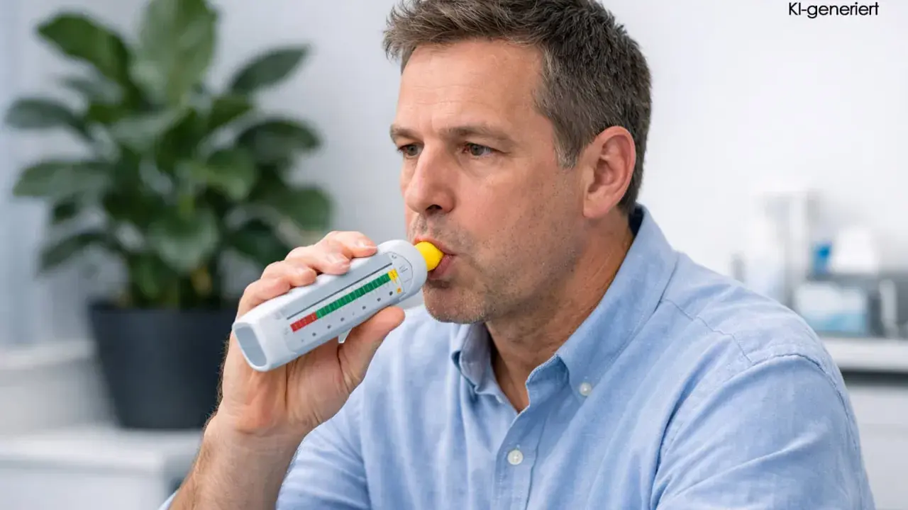 Mann nutzt einen Peak-Flow-Meter zur Messung der Lungenfunktion.