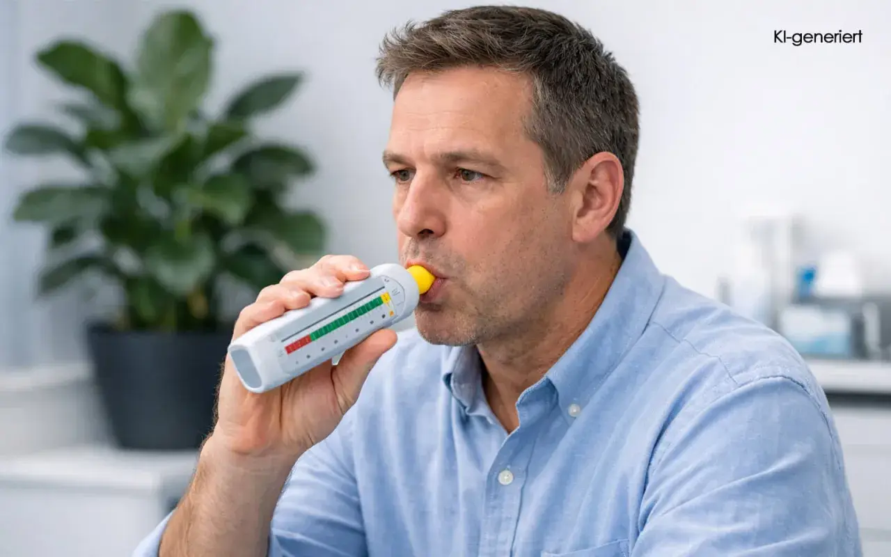 Mann nutzt einen Peak-Flow-Meter zur Messung der Lungenfunktion.