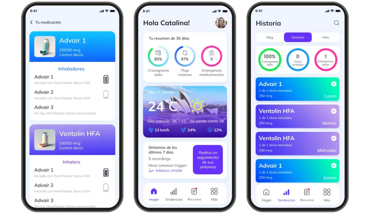 App zeigt Medikamentenübersicht, u.a. Advair 1, zur Behandlung von allergischem Asthma. Spray-Nutzung wird getrackt.