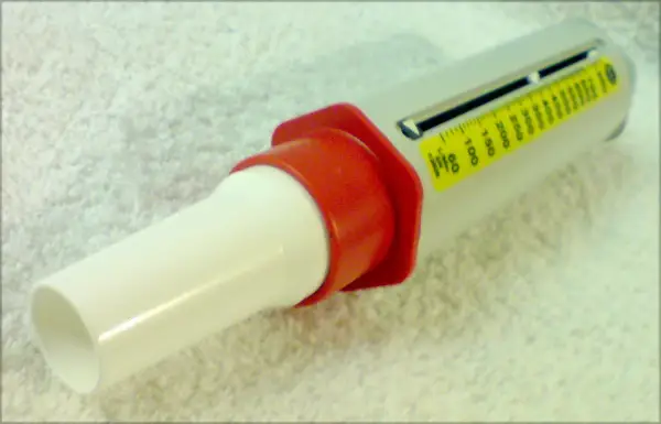 Nahaufnahme eines Peak-Flow-Meters mit Skala und rotem Mundstück.