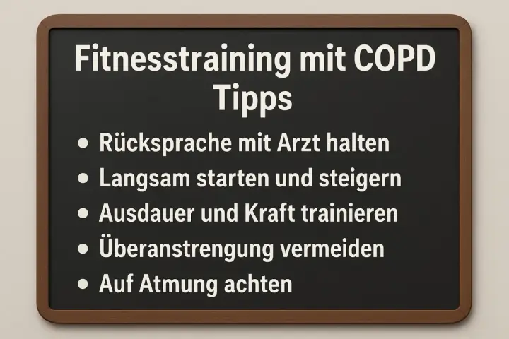 Tipps für COPD-Sport: Arzt konsultieren, langsam starten, Ausdauer & Kraft trainieren, Überanstrengung meiden, auf Atmung achten.